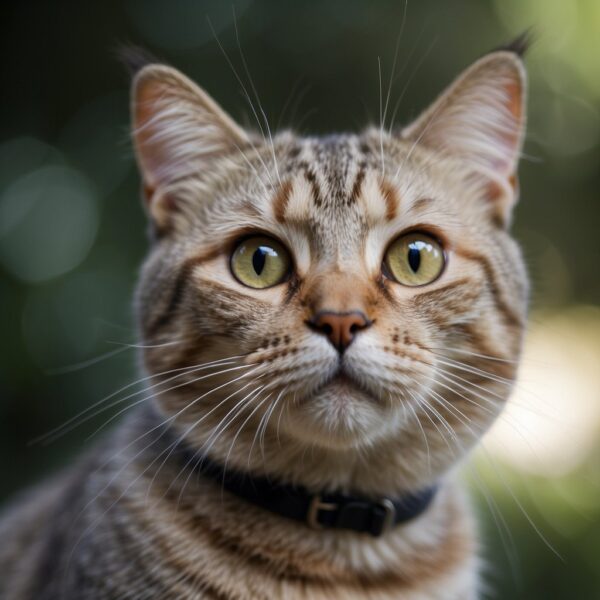 A cat's head is tilted, with its ears and eyes focused on the horizon. Its body is balanced and its tail is straight