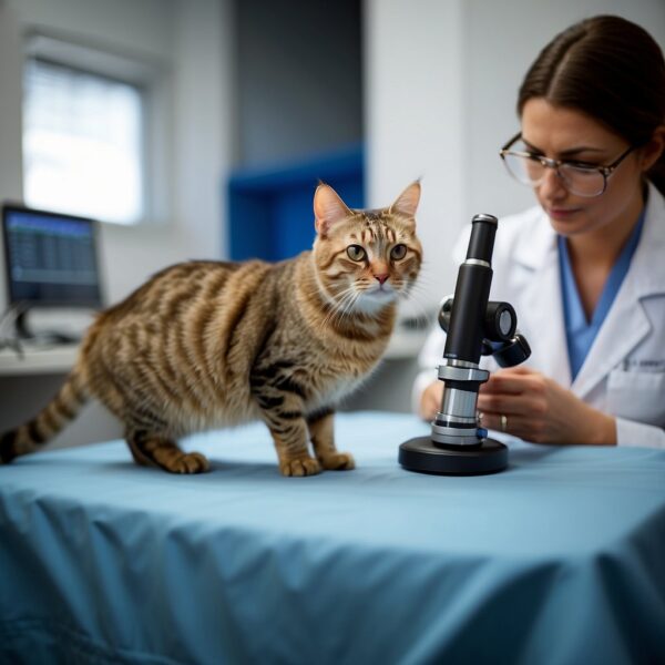 A cat is undergoing diagnostic procedures to assess its vestibular system. An otoscope and ophthalmoscope are used to examine the ears and eyes, while the veterinarian observes the cat's balance and coordination