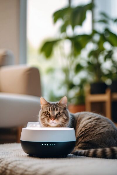 cat with air purifier