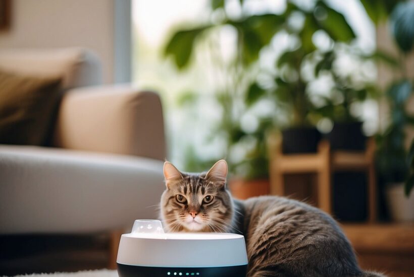 cat with air purifier