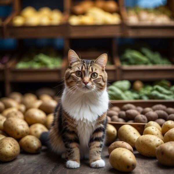 Different potato types surround a curious cat.