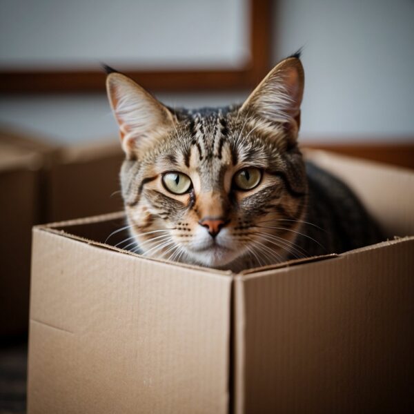 A cat sits inside a cardboard box, rubbing its head against the rough texture. It looks content, with its eyes half-closed and ears perked up, enjoying the tactile and visual appeal of the box