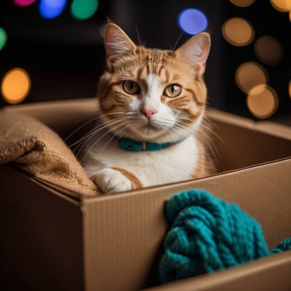 A cat lounges contently inside a cardboard box.