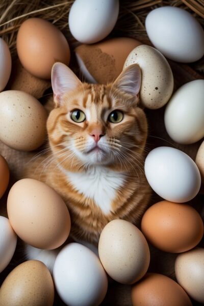 cat surrounded by eggs