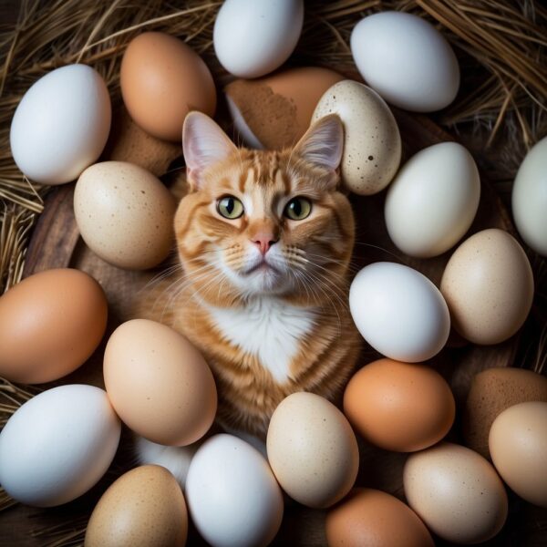 Cats surrounded by various types of eggs, such as chicken, duck, and quail, with a question mark above their heads