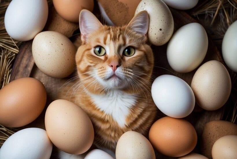 cat surrounded by eggs