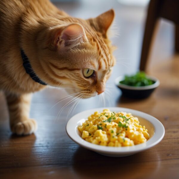 A cat eagerly eats a scrambled egg from a small dish on the floor