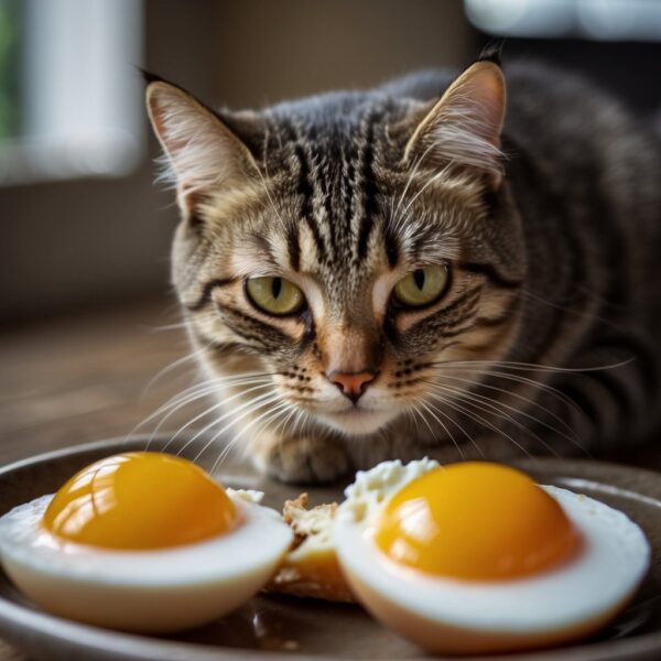 A cat eagerly eating a cooked egg, with a shiny coat and bright eyes, showcasing the benefits of eggs for feline health