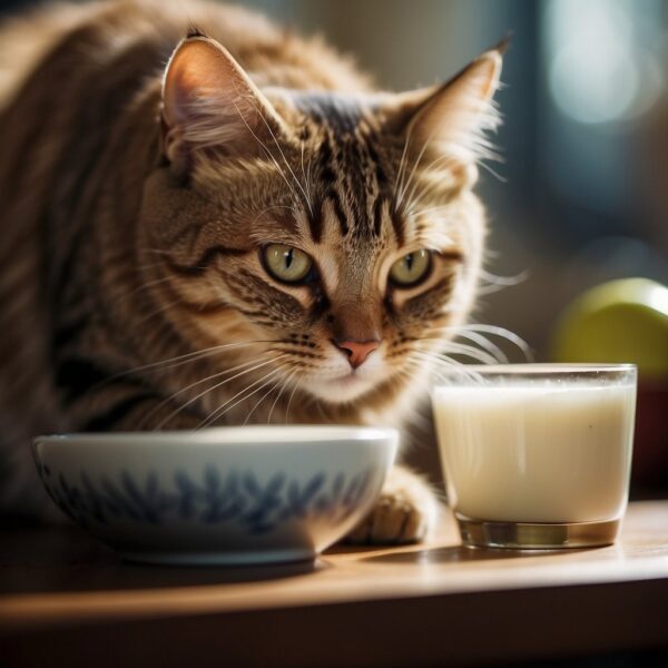 cat looking at a glass of cow milk