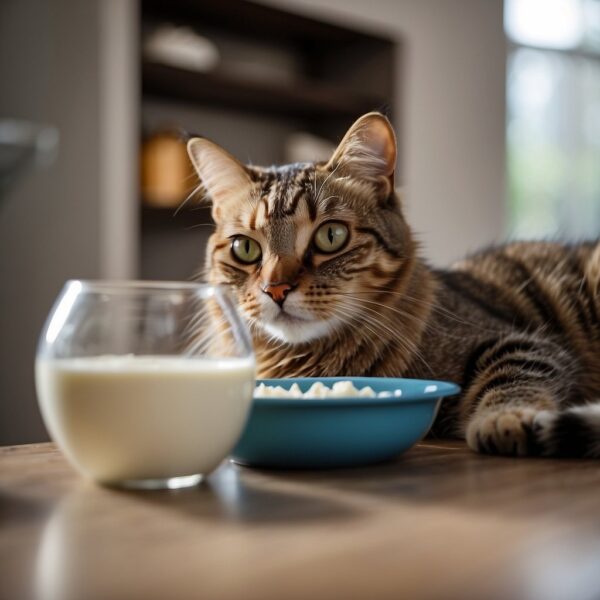 cat bowl and glass of cow milk