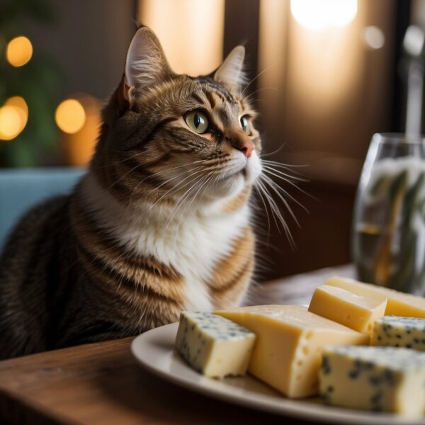 A cat sitting in front of a plate of, looking curious and sniffing the air