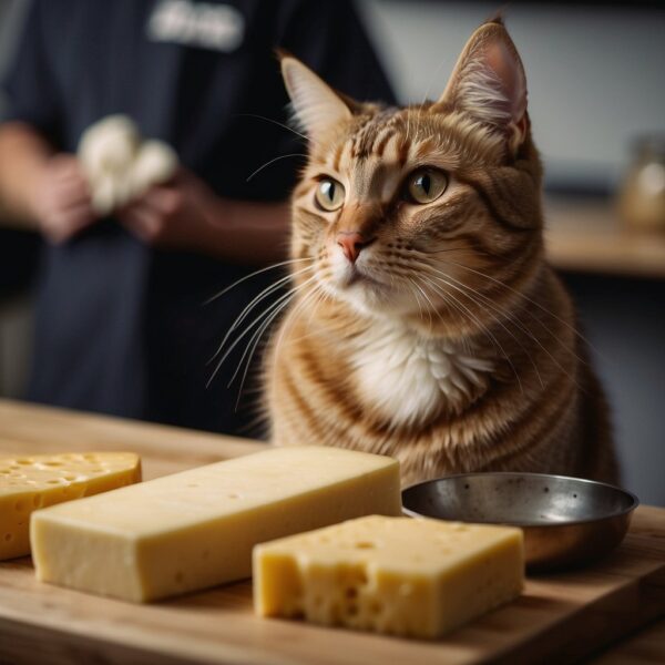 A cat looking up at a block of cheese with a question mark above its head, while a veterinarian shakes their head disapprovingly in the background
