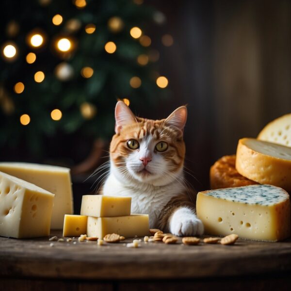 A cat eagerly waits while sitting next to a small pile of various types of cheese, with a curious and hungry expression on its face
