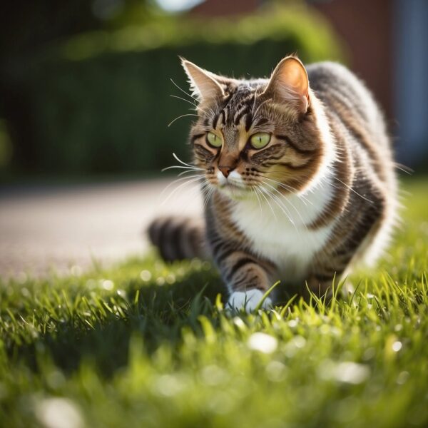 A cat is munching on green grass in a sunny backyard. Its tail flicks contentedly as it chews, with a curious expression on its face