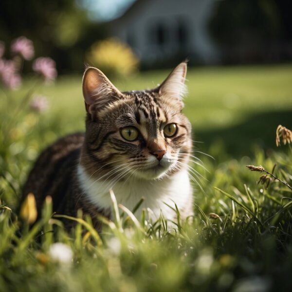 A cat chews on grass in a backyard, surrounded by potential risks like toxic plants and pesticides