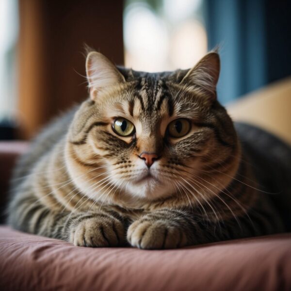 A chubby cat lounges on a cushion, its round body spilling over the edges. Its paws are tucked under its belly, and its contented expression shows a love for lounging