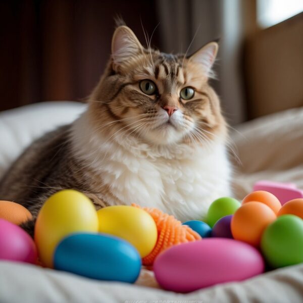 A kitty lounges on a cozy bed, surrounded by toys and treats. Its fluffy fur spills over the edges, and a contented expression graces its round face
