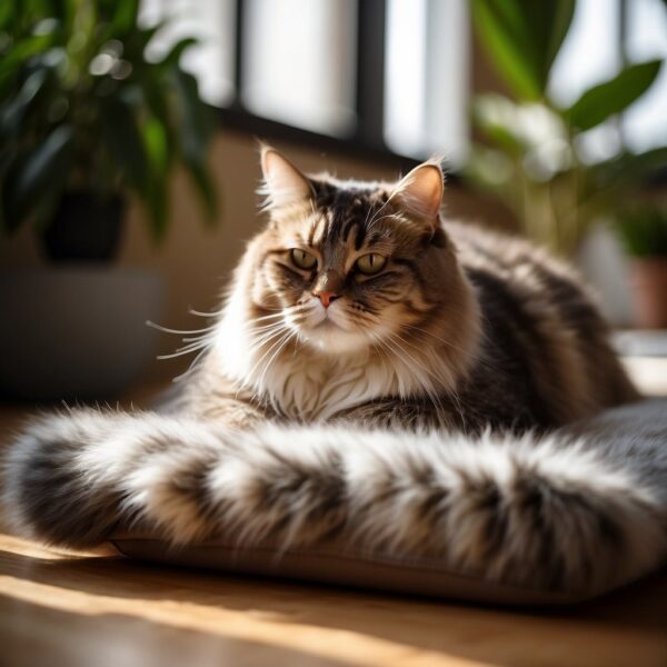 A chonky cat lounges in a sunlit room, surrounded by plants and exercise equipment. Its fluffy fur spills over the edges of a yoga mat as it lazily stretches out