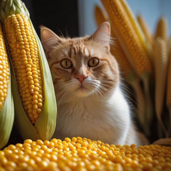 Cats surrounded by corn products, sniffing and investigating