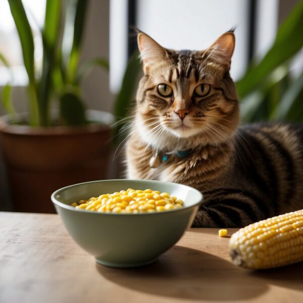 a kitty sitting at table looking at a cob and bowl of grain.