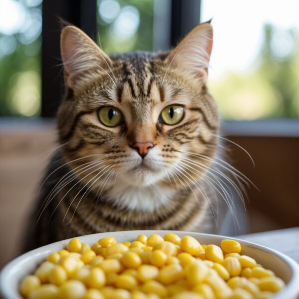 A cat cautiously approaches a bowl of corn, sniffing and tentatively tasting it. 