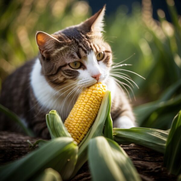 A cat nibbles on a cob of corn, its whiskers twitching with curiosity