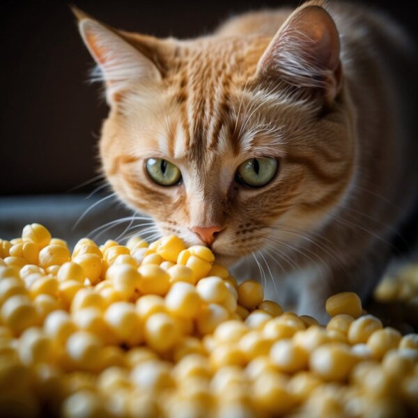 A cat eagerly munches on a pile of fresh corn kernels