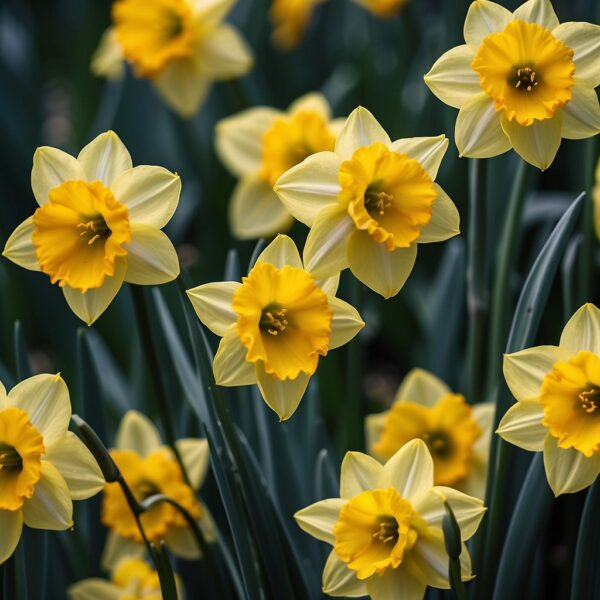 A field of vibrant yellow daffodils with green stems and leaves, surrounded by a lush garden backdrop