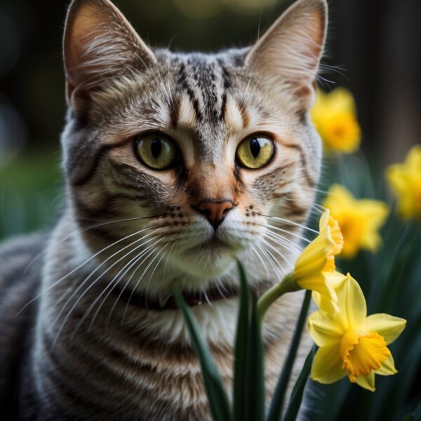 A kitty smells a flower