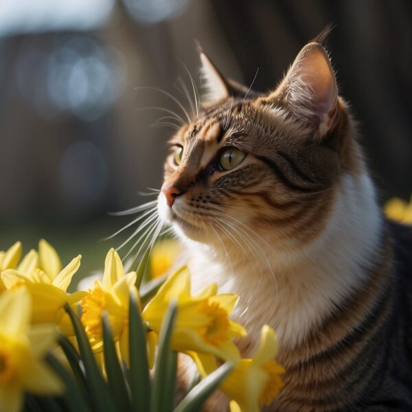 A cat sniffs daffodils,