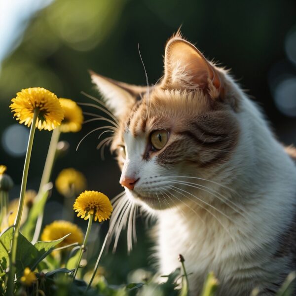 A curious cat sniffs a cluster of dandelions in a sunny garden