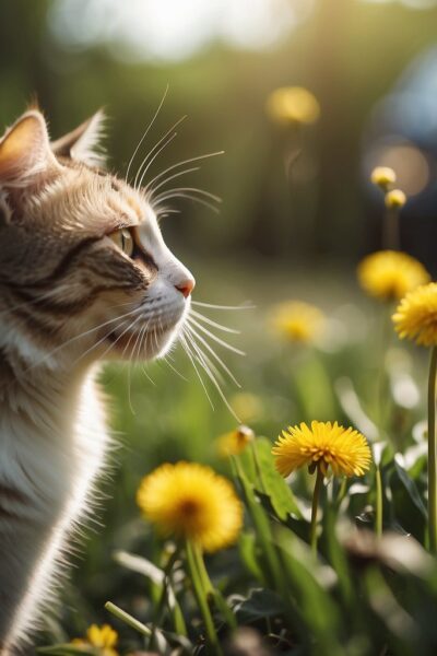 cat in yard with dandelions