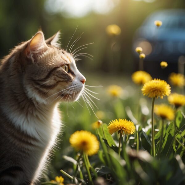 A cat cautiously sniffs a cluster of dandelions, 