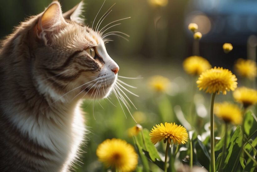 cat in yard with dandelions