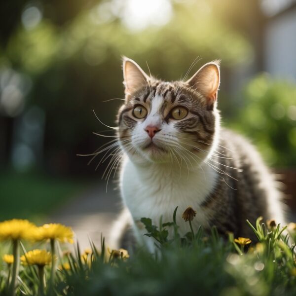 A curious cat sniffs dandelions in a sunny garden
