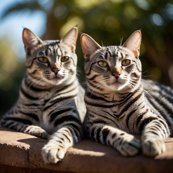  Lounging in the sun, one with a regal pose and the other stretching out lazily. Their sleek, spotted coats glisten in the light, and their eyes exude an air of mystery and elegance