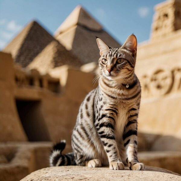 An Egyptian Mau cat lounges in front of ancient Egyptian hieroglyphics, with the pyramids in the background. The cat's distinctive spots and elegant posture capture the regal history and origin of the breed