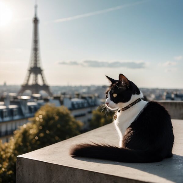 A sleek black and white cat sits regally atop a Parisian rooftop, with the Eiffel Tower in the background. 