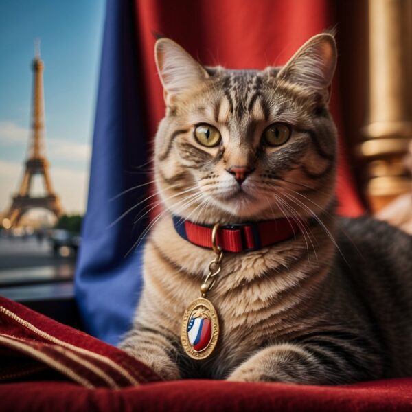 A French flag hangs on the wall, surrounded by paintings of iconic French landmarks. A cat lounges on a velvet cushion,