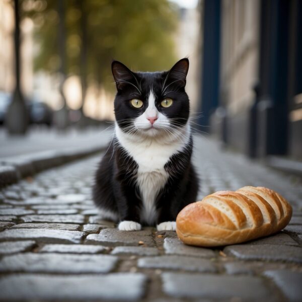 A black and white cat sits on a cobblestone street in Paris, 