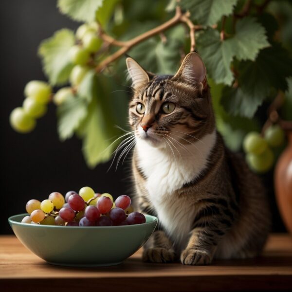 A cat sitting in front of a bowl of grapes, looking curiously at the fruit 