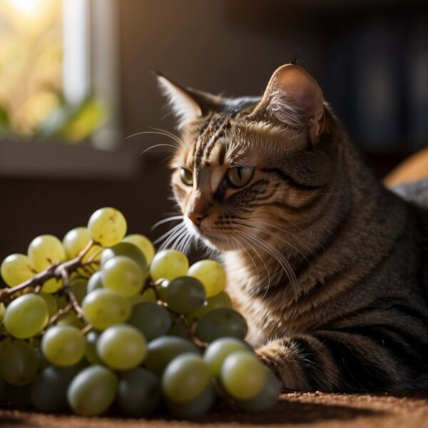 A kitty sniffs a cluster of  toxic fruit
