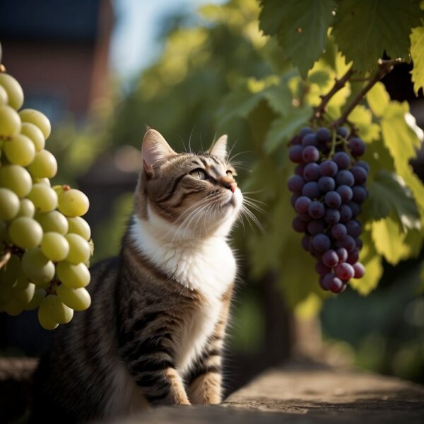 Cat looking at bunches of grapes
