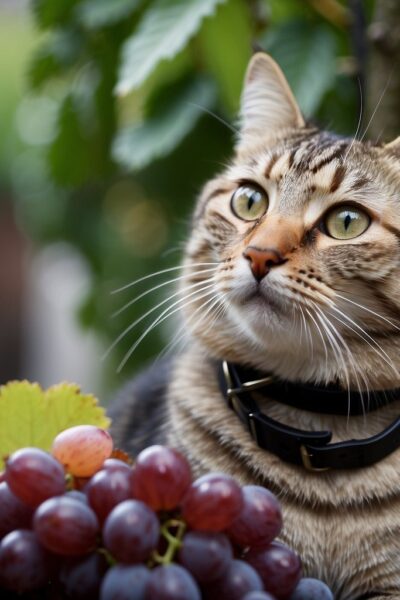 Cat looking up from bowl of red grapes