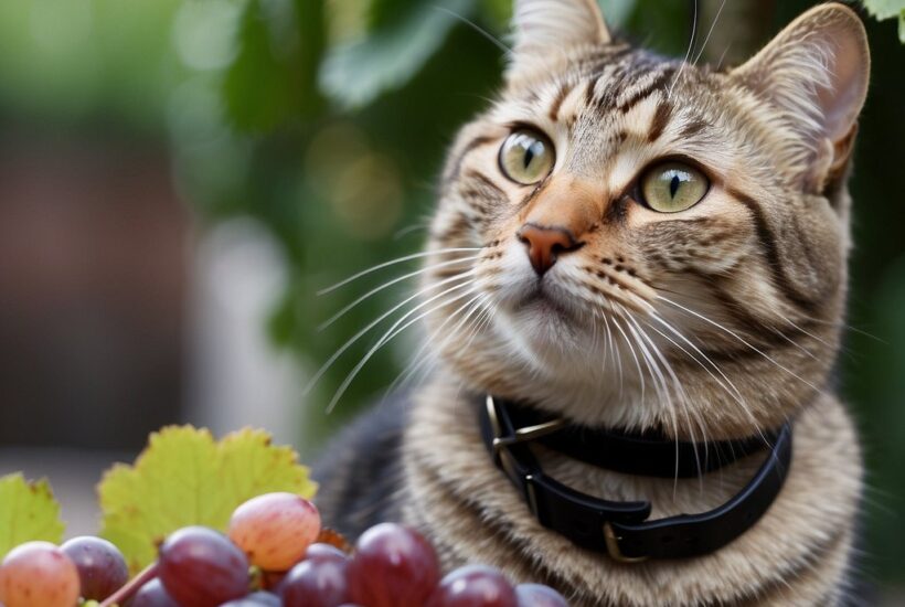 Cat looking up from bowl of red grapes