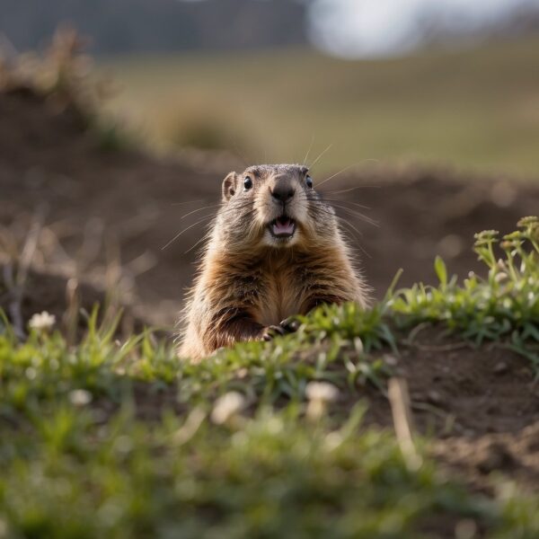 woodchuck looking out of burrow