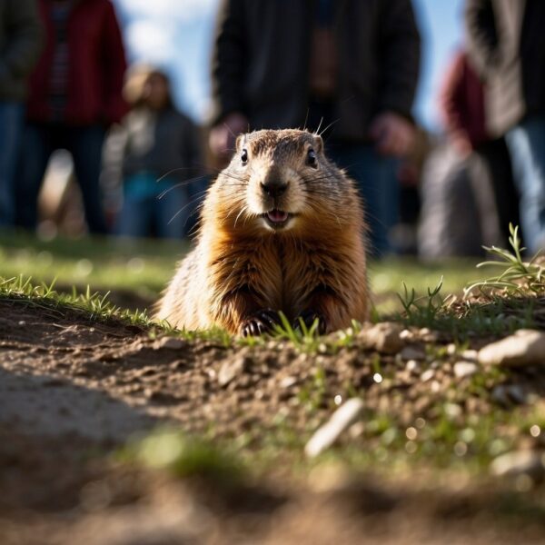 A groundhog emerges from its burrow on a sunny morning, surrounded by eager onlookers. The creature's shadow is cast against the ground, signifying six more weeks of winter