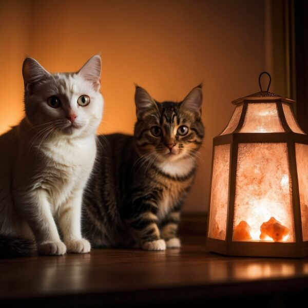 Cats playfully bat at glowing Himalayan salt lamps