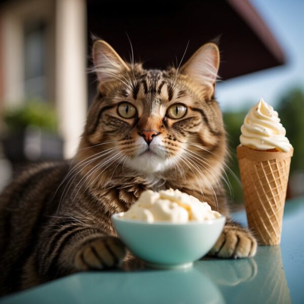 A contented cat, sitting beside a bowl of ice cream, with a curious expression and a questioning tilt of the head