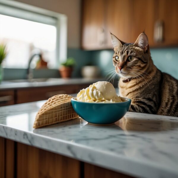 A bowl of ice cream ingredients sits on a kitchen counter, with a curious cat peeking over the edge.